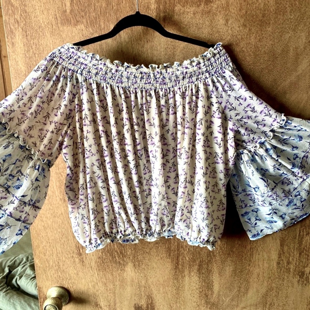 Free People Purple and Blue Floral Off-Shoulder Blouse